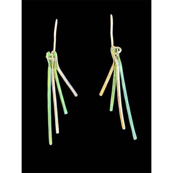 Sterling Silver & Green Fringe Dangle Earrings 925 - Picture 1 of 4